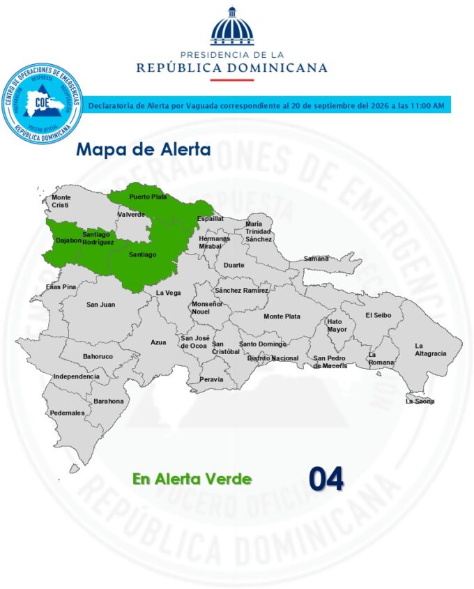 COE coloca cuatro provincias en alerta verde por incidencia de vaguada