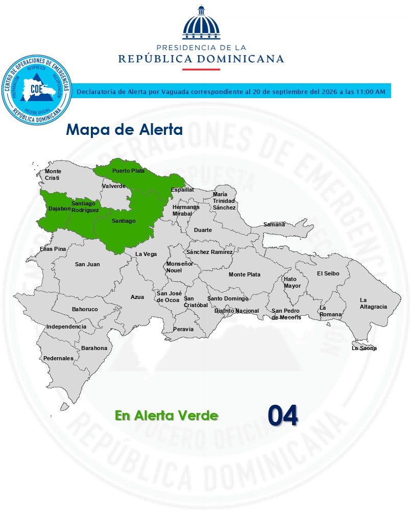 COE coloca cuatro provincias en alerta verde por incidencia de vaguada