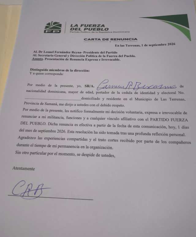 Carmen R. Bencosme renuncia de la Fuerza del Pueblo en Las Terrenas