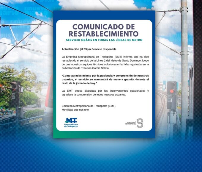 Metro de SD restablece servicio de la Línea 2 e informa que será gratuito por el resto de la noche