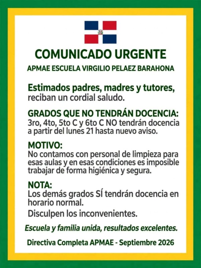 Escuela Virgilio Peláez suspende docencia en cuatro grados por falta de personal de limpieza