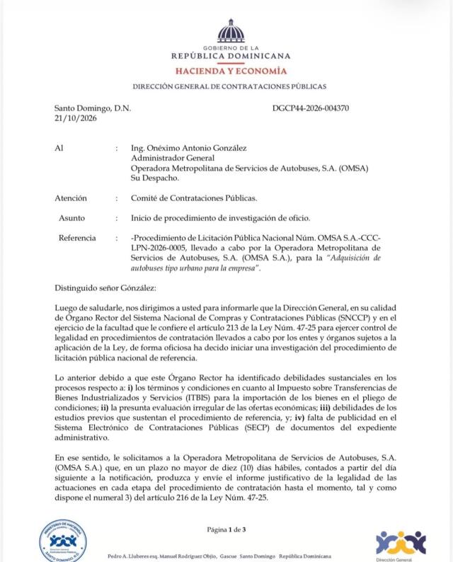 Contrataciones Públicas suspende licitación de la OMSA para comprar autobuses por posibles irregularidades